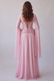 Light Pink Flare Sleeves Corset Floral A-Line Sequin Long Formal Dress