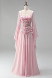 Light Pink Flare Sleeves Corset Floral A-Line Sequin Long Formal Dress