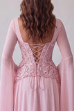 Light Pink Flare Sleeves Corset Floral A-Line Sequin Long Formal Dress