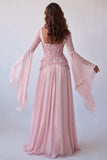 Light Pink Flare Sleeves Corset A-Line Sequin Long Formal Dress