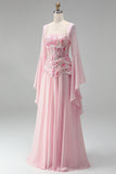 Light Pink Embroidery Corset A-Line Peplum Chiffon Long Prom Dress with Long Bell Sleeves