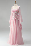 Light Pink Flare Sleeves Corset Floral A-Line Sequin Long Formal Dress