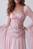 Light Pink Flare Sleeves Corset A-Line Sequin Long Formal Dress