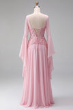 Light Pink Flare Sleeves Corset Floral A-Line Sequin Long Formal Dress