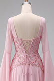 Light Pink Flare Sleeves Corset Floral A-Line Sequin Long Formal Dress