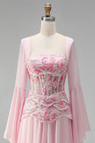 Light Pink Flare Sleeves Corset Floral A-Line Sequin Long Formal Dress