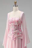 Light Pink Flare Sleeves Corset Floral A-Line Sequin Long Formal Dress