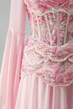 Light Pink Flare Sleeves Corset Floral A-Line Sequin Long Formal Dress