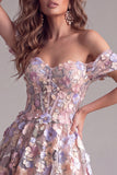 Pink 3D Floral Appliques A-Line Off The Shoulder Corset Long Formal Dress