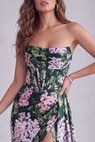 Dark Green Floral Strapless Corset Ruched A-Line Formal Dress with Slit