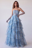 Dusty Blue A-Line Corset Floral Tiered Ruffled Strapless Long Prom Dress