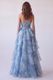 Dusty Blue A-Line Corset Floral Tiered Ruffled Strapless Long Prom Dress