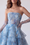 Dusty Blue A-Line Corset Floral Tiered Ruffled Strapless Long Prom Dress