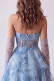 Dusty Blue A-Line Corset Floral Tiered Ruffled Strapless Long Prom Dress