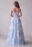 Light Blue A-Line Square Neck Floral Corset Pearl Long Formal Dress