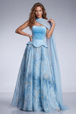 Sky Blue A-Line Corset Strapless Long Prom Dress with Neck Scarf