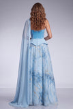 Sky Blue A-Line Corset Strapless Long Prom Dress with Neck Scarf