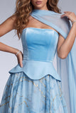 Sky Blue A-Line Corset Strapless Long Prom Dress with Neck Scarf