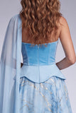 Sky Blue A-Line Corset Strapless Long Prom Dress with Neck Scarf