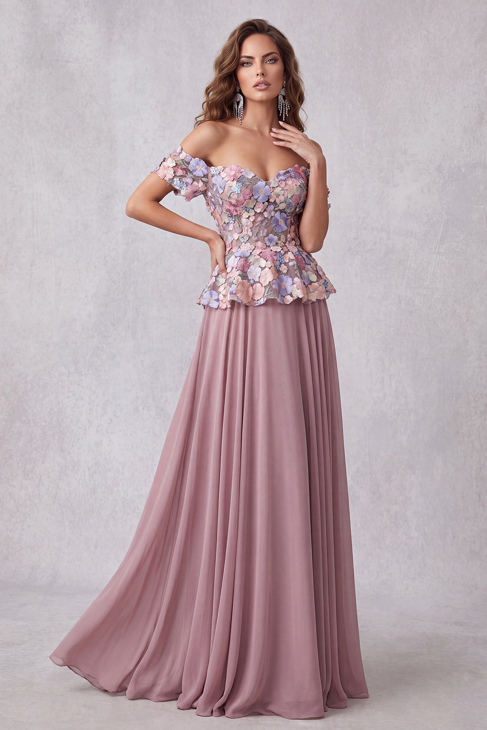 Vintage Mauve Floral A-Line Off the Shoulder Long Formal Dress