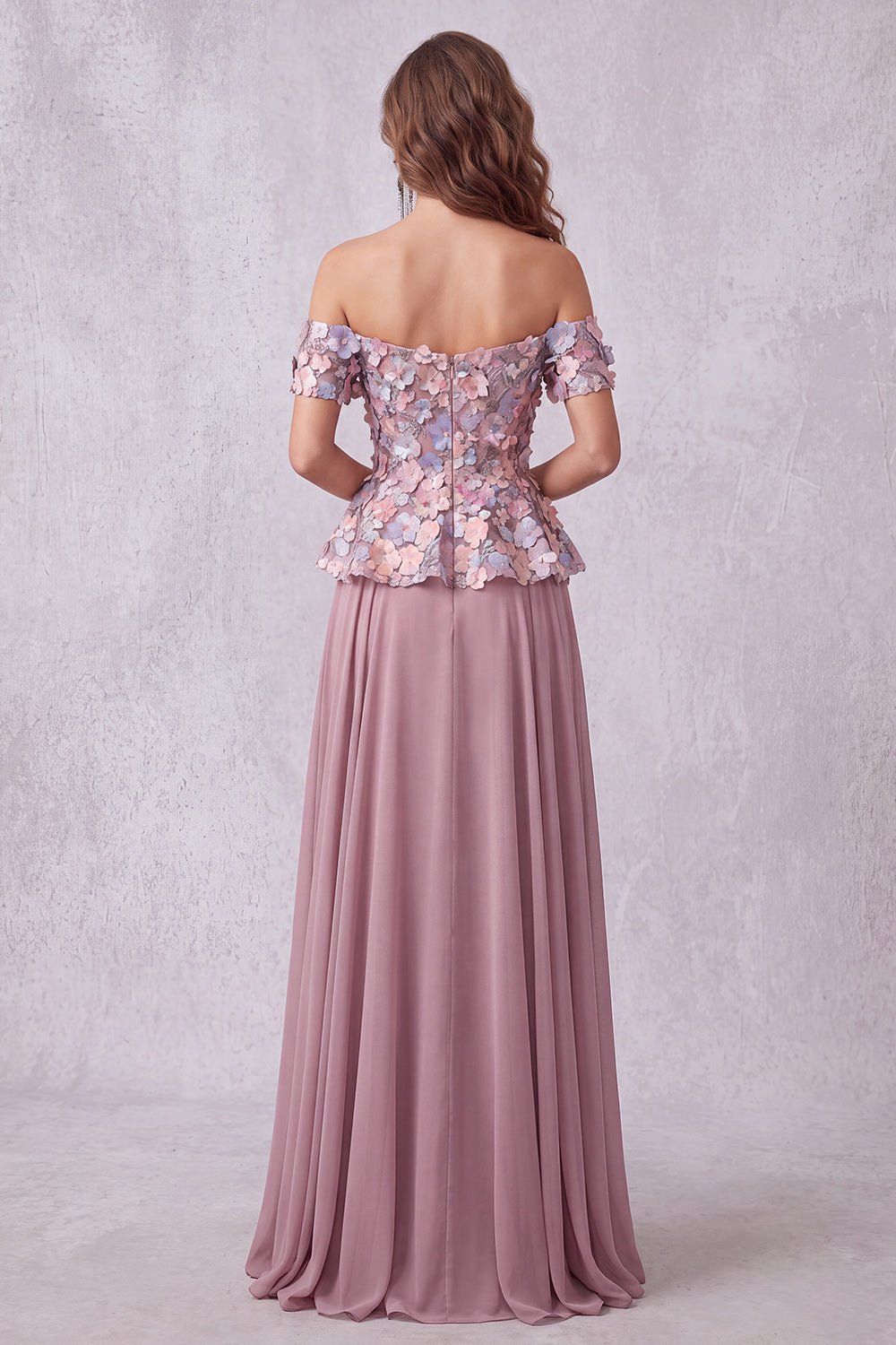 Vintage Mauve Floral A-Line Off the Shoulder Long Formal Dress