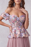 Vintage Mauve Floral A-Line Off the Shoulder Long Formal Dress