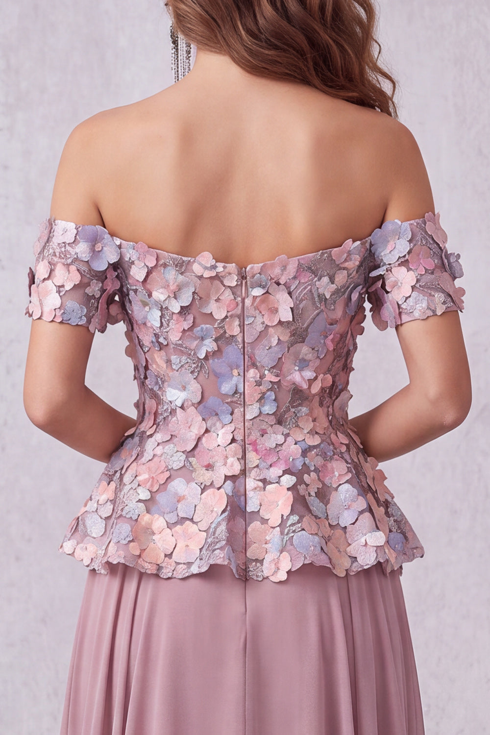 Vintage Mauve Floral A-Line Off the Shoulder Long Formal Dress