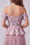 Vintage Mauve Floral A-Line Off the Shoulder Long Formal Dress