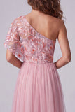 Pink Embroidery One Shoulder A-Line Long Formal Dress