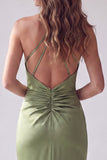 Green Ruched Mermaid Halter Crossed Straps Long Formal Dress