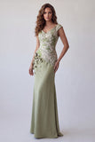 Light Green 3D Floral Mermaid Ruched Cap Sleeves Formal Dress