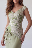Light Green 3D Floral Mermaid Ruched Cap Sleeves Formal Dress