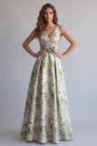 Light Green Floral Ruched Jacquard A-Line Formal Dress with 3D Flower