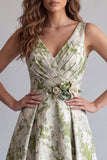 Light Green Floral Ruched Jacquard A-Line Formal Dress with 3D Flower