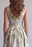 Light Green Floral Ruched Jacquard A-Line Formal Dress with 3D Flower
