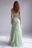 Green Strapless Ruched Floral Mermaid Formal Dress with Ruffles