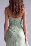 Green Strapless Ruched Floral Mermaid Formal Dress with Ruffles