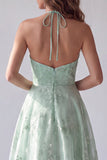 Green Halter Floral A-Line Organza Long Formal Dress