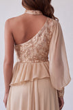 Champagne Asymmtrical Halter Floral Embroidery A-Line Formal Dress