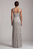Silver Mermaid Square Neck Beaded Long Mother of the Bride Dress with Slit