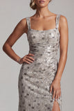 Silver Mermaid Square Neck Beaded Long Mother of the Bride Dress with Slit