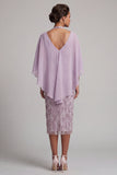 Halter Neck Lilac Bodycon Beaded Floral Midi Mother of the Bride Dress with Cape
