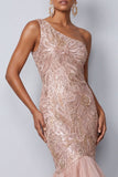 One Shoulder Pink Mermaid Sequins Long Mother of the Bride Dress with Ruffles