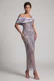 Lilac Bodycon One Shoulder Beaded Long Mother of the Bride Dress with Slit