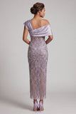 Lilac Bodycon One Shoulder Beaded Long Mother of the Bride Dress with Slit