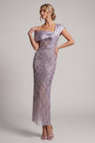 Lilac Bodycon One Shoulder Beaded Long Mother of the Bride Dress with Slit