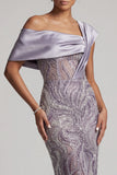 Lilac Bodycon One Shoulder Beaded Long Mother of the Bride Dress with Slit