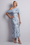 Sky Blue One Shoulder Bodycon Floral Sequins Long Mother of the Bride Dress