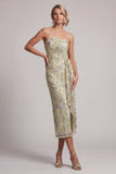 Dusty Sage Strapless Bodycon Ruched Sequins Floral Mother of the Bride Dress with Sash