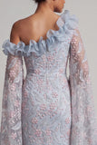 Dusty Blue Floral One Shoulder Bodycon Beaded Ruffled Long Mother of the Bride Dress
